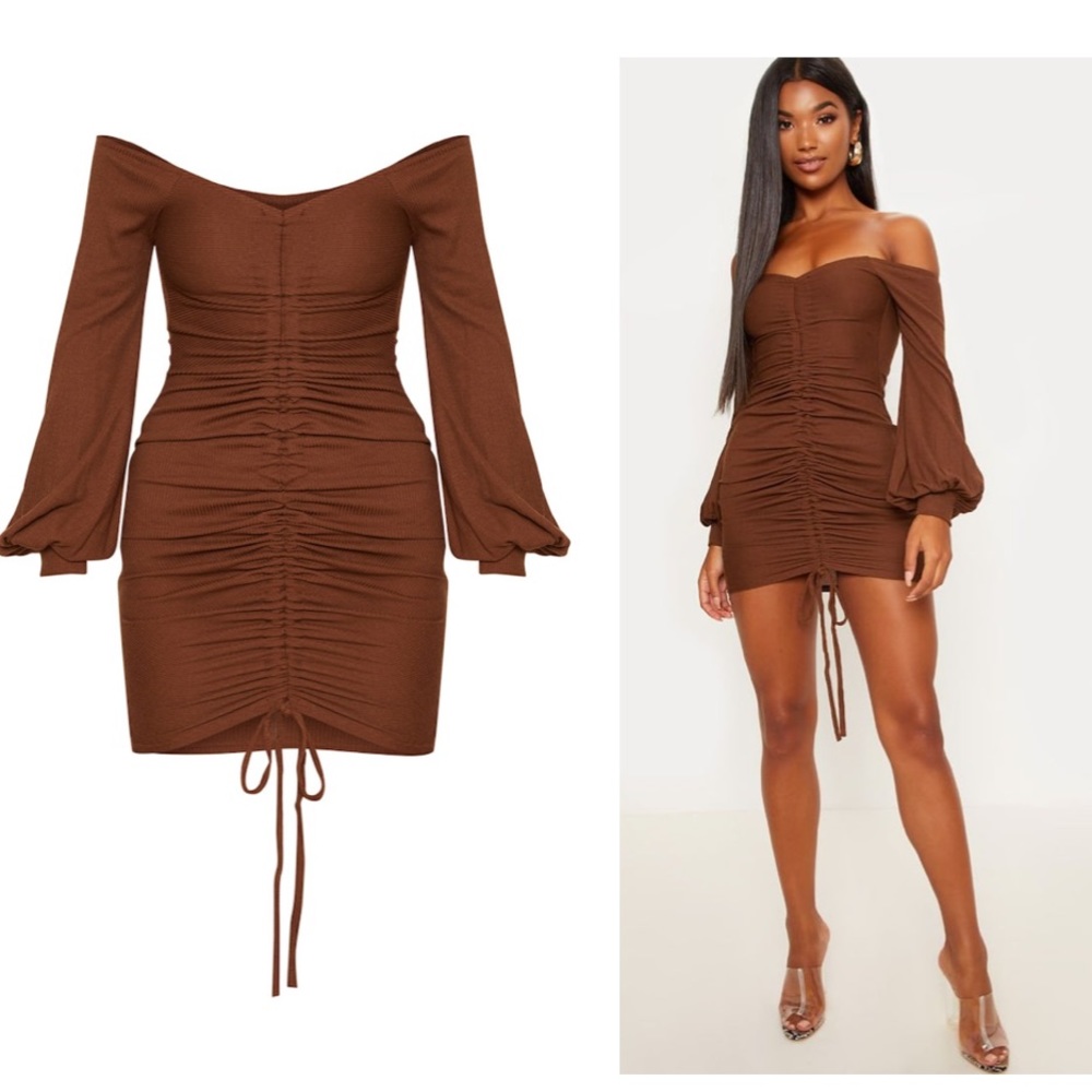 Brown Ribbed Balloon Sleeve Ruched Bodycon Dress
